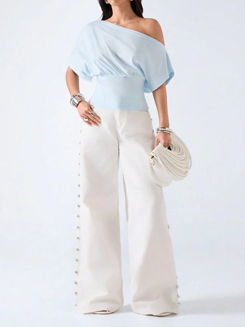 Mint Blue Casual Women's Lace Patchwork Ruffle T-Shirt